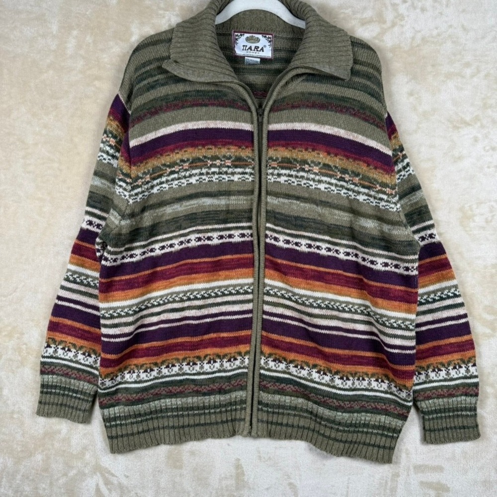 Tiara Women 18/20 Full Zip Fair Isle Sweater Olive Green Burgundy Striped Lodge